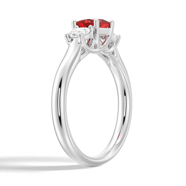 Lab Grown Ruby and Princess Cut Diamond Three Stone Ring