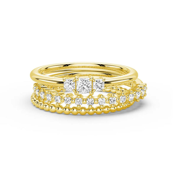Celestial Compass And Princess Lab Diamond Stacking Rings with Beaded Accent Band