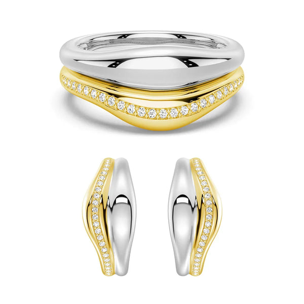 Two-Tone Semi Hoop Eearrings with Band Set