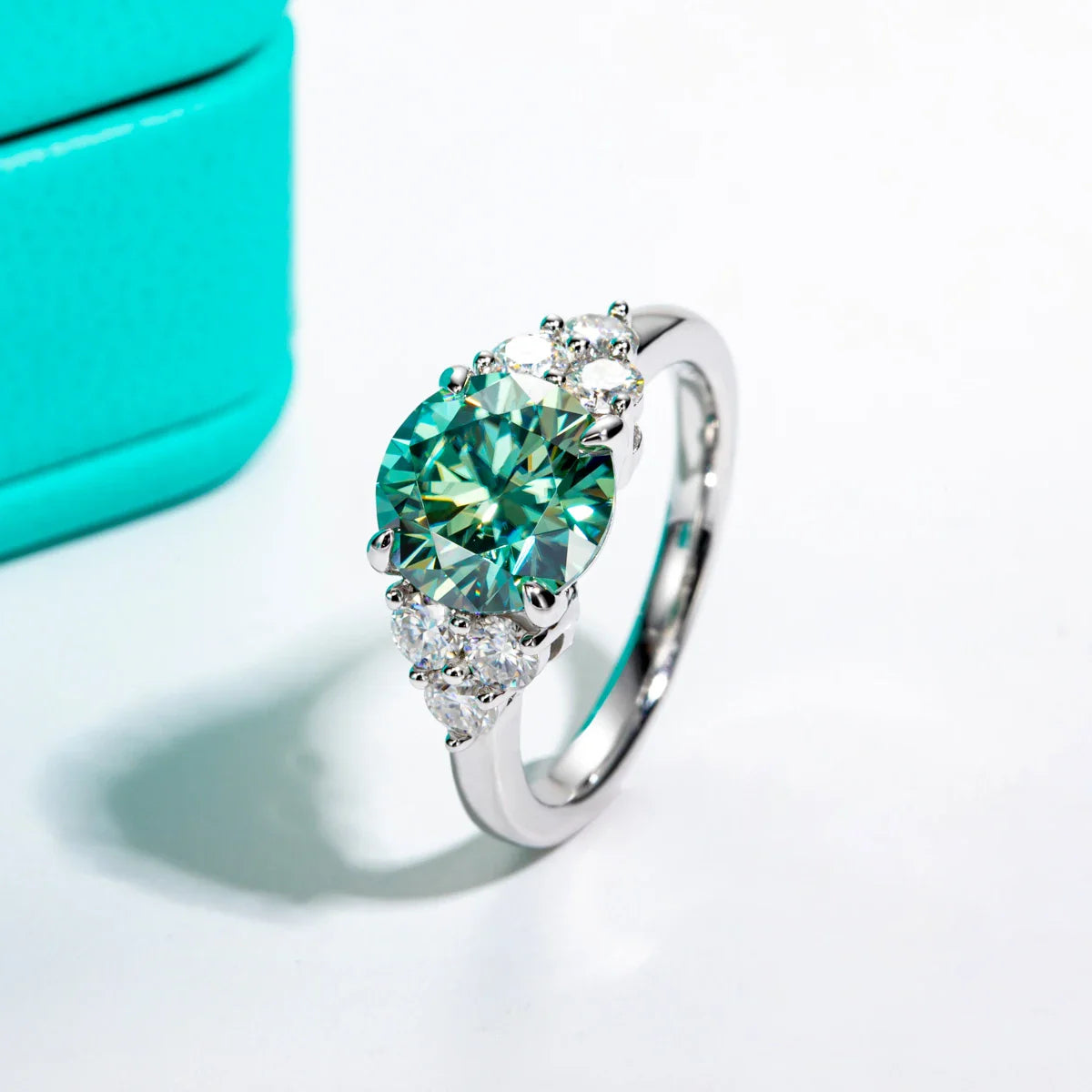 3CT Round Cut Green Stone Moissanite Engagement Ring