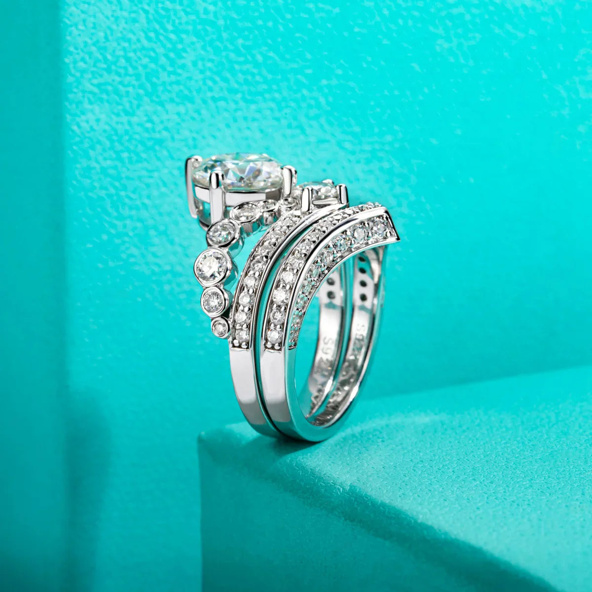 3CT Round Cut Crown Moissanite Engagement Ring Set