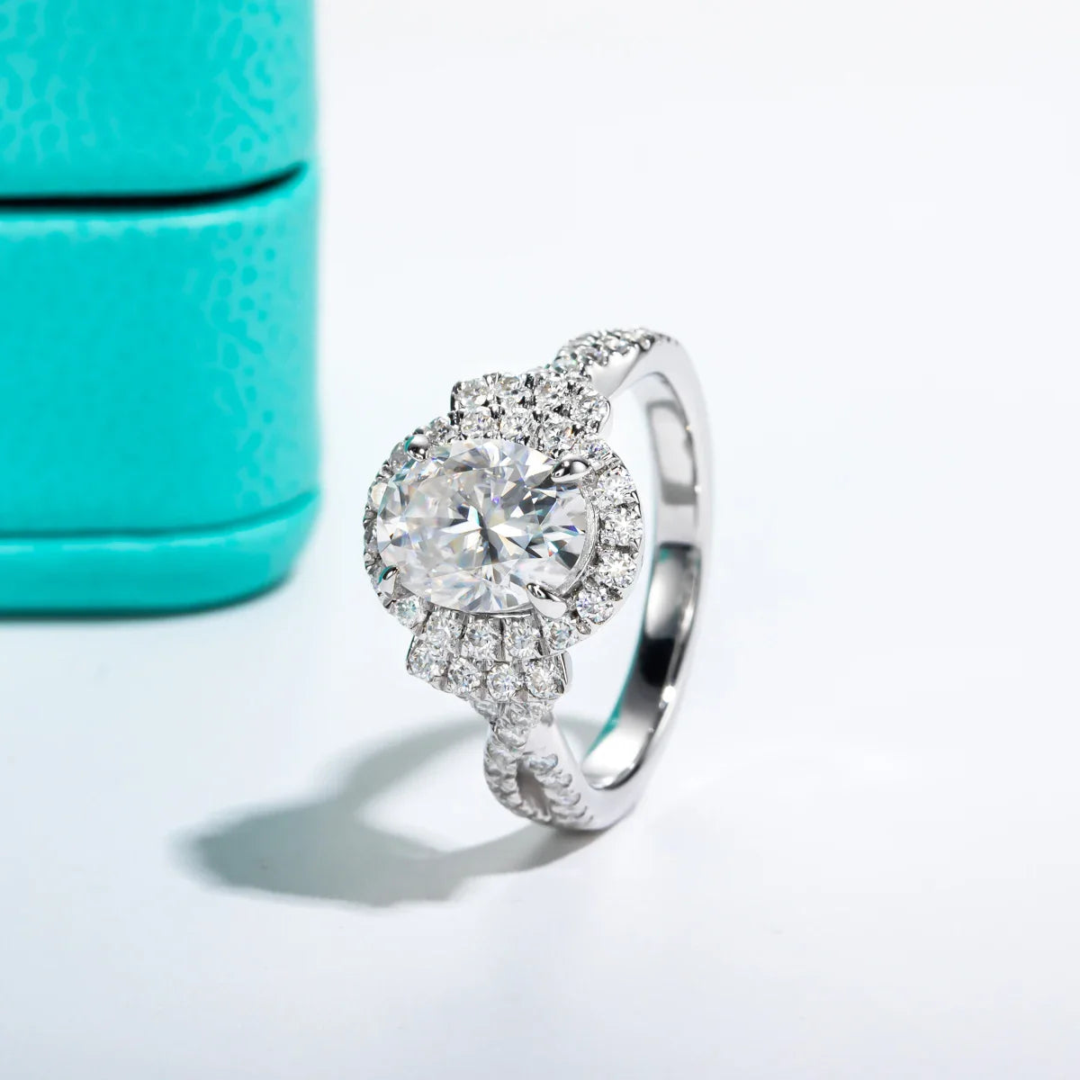 2CT Oval Cut D Color Moissanite Halo Engagement Ring