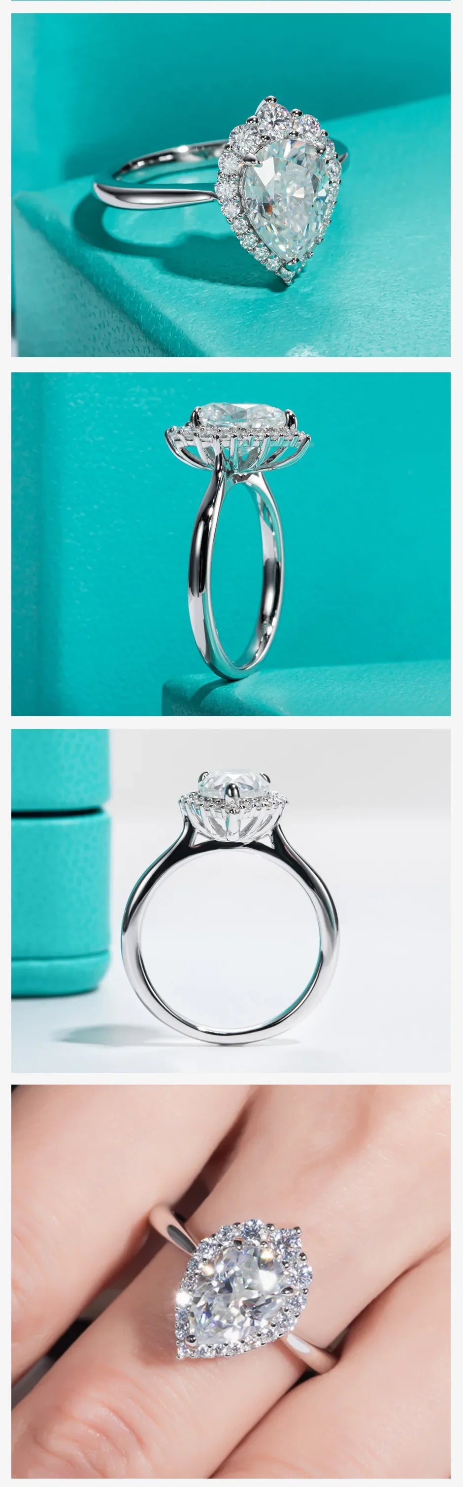 2.6CT Pear Cut D Color Moissanite Halo Engagement Ring.