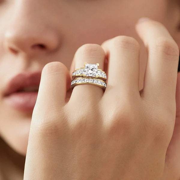 Unique Cinderella Staircase Princess Cut Moissanite Ring Set with Matching Wedding Band